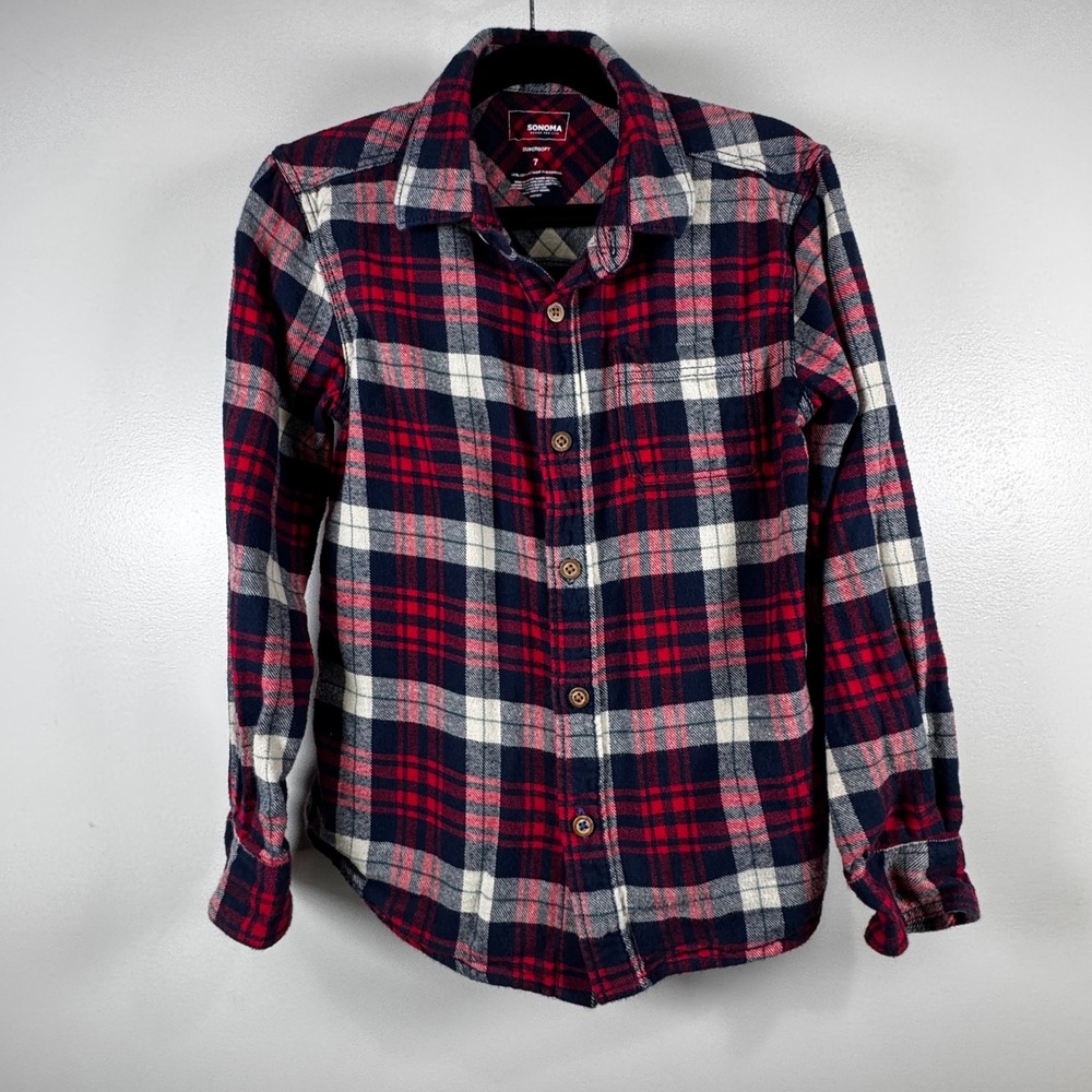 Sonoma Boys Red Navy Blue Plaid Supersoft Flannel Button Down Shirt Size 7